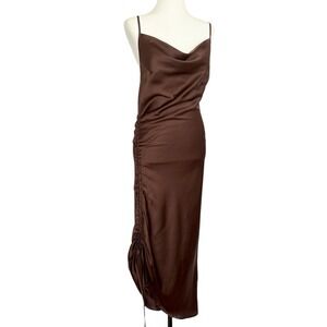 MABLE Chocolate Brown Satin Cowl Neck Ruched Midi Slip Dress Women's‎ Size S